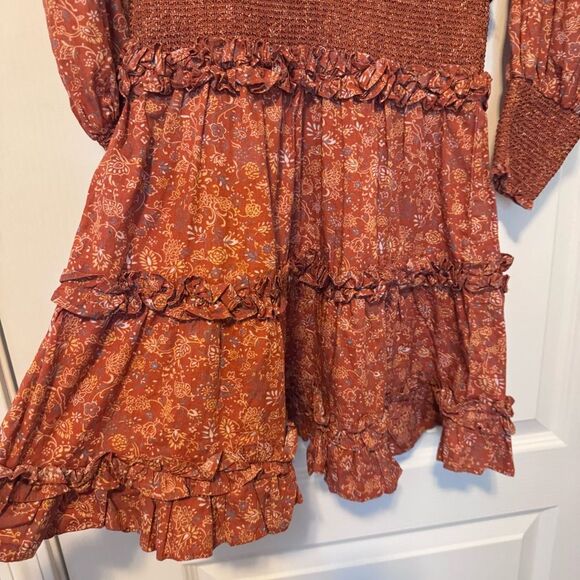 House of Harlow Wallis Rust Floral Print Tiered Ruffle Smocked Mini Dress M NWT - Picture 4 of 11